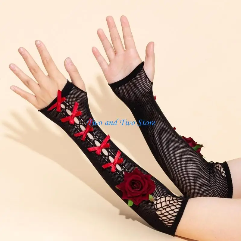 

HX6F Bowknot Gloves Fingerless Hollowout Hand Gloves Female Cosplay Party Armwear Dark Series Party Gathering Gloves