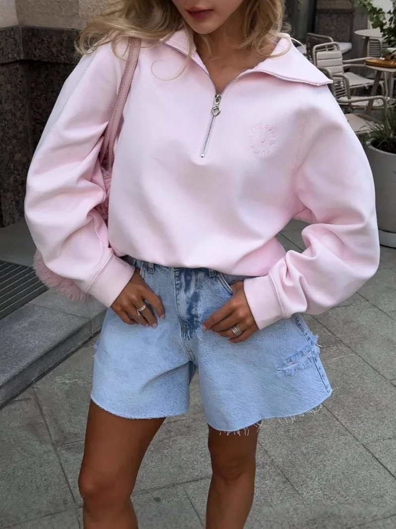

Europe and America Fashion Women Pink Sweatshirt Vintage Pullover Top 2025 Autumn New Loose Half Zip Letter Embroidery Outwear