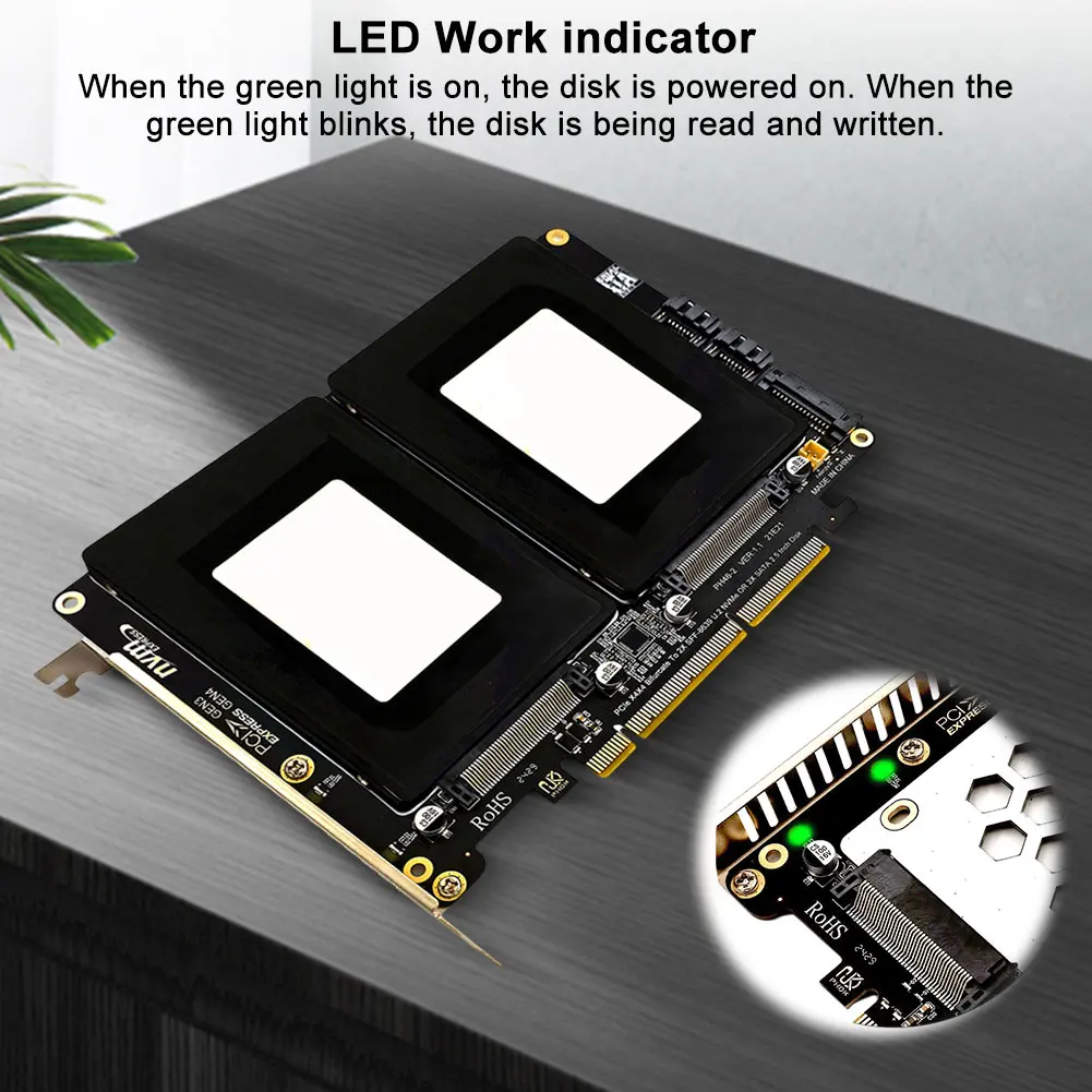 Placa adaptadora de disco duplo U.2 com indicador LED U2 para placa de expansão PCI Express 8X disco rígido SATA de 2,5 polegadas para placa dividida PCIE4.0