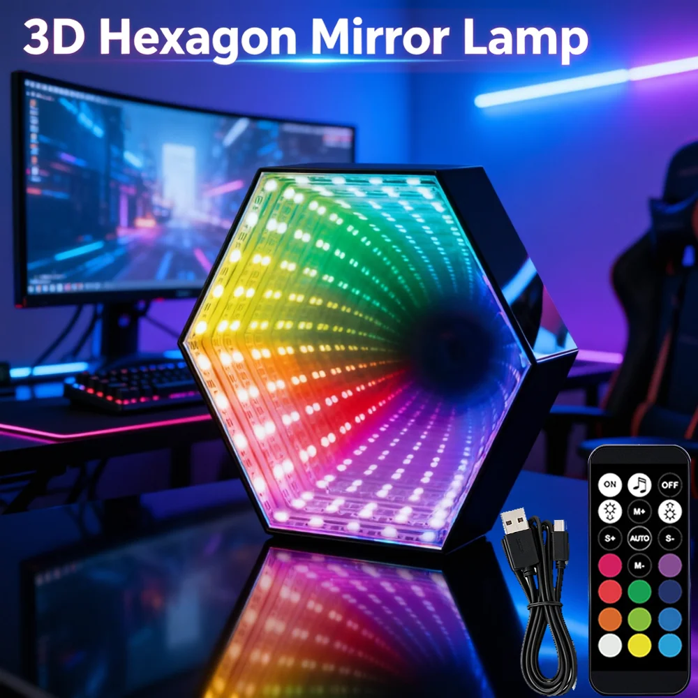5V RGB Smart Wall Lamp Color Changing Ambient Night Light 3D Hexagonal Mirror Tunnel Light Music Rhythm Remote Control Game Room