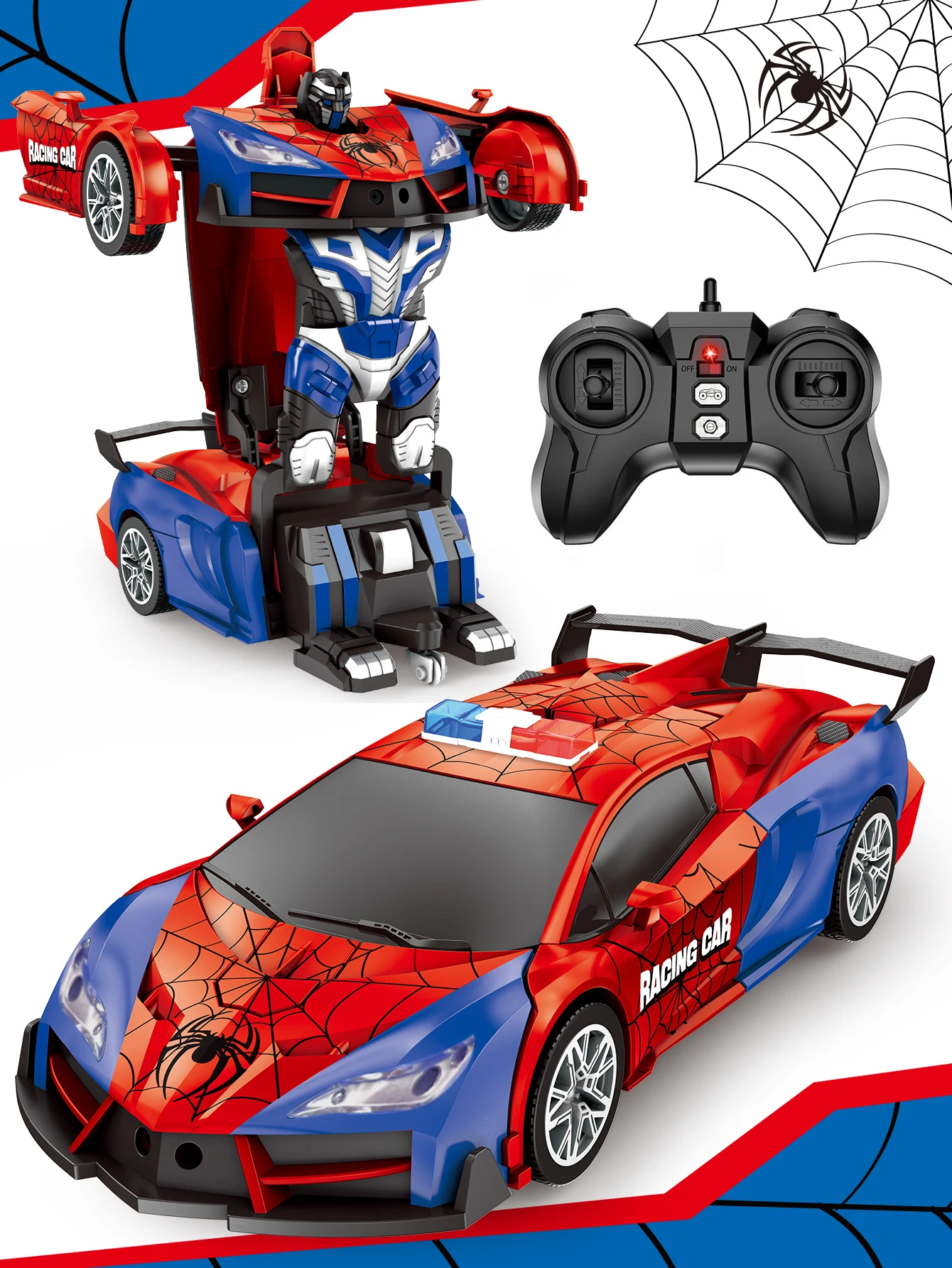 Rc transforming robot car, remote-controlled racing car with a spider design, one-touch transformation, gift for boys