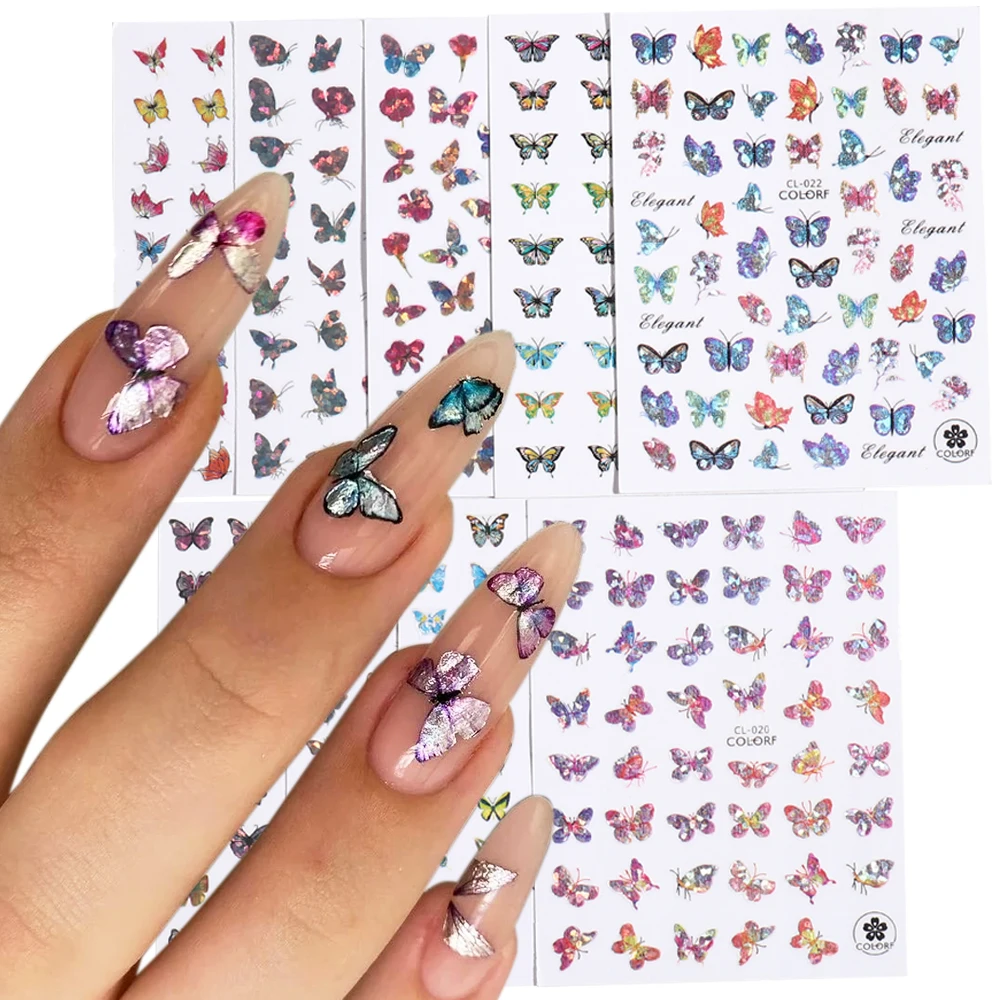 

9Pcs Holographic Butterfly Nail Stickers Set Laser Bronzing Sliders For Nails Adhesive Decal Bulk Summer 3D Decoration GLCL19-27