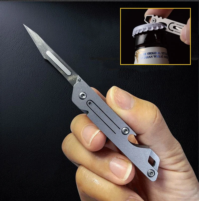 NO11 Replaceable Blades Scalpel Folding Knife Quick Open Bottle Opener Keychain EDC Folding Knife 10 Blade Free Useful Tool
