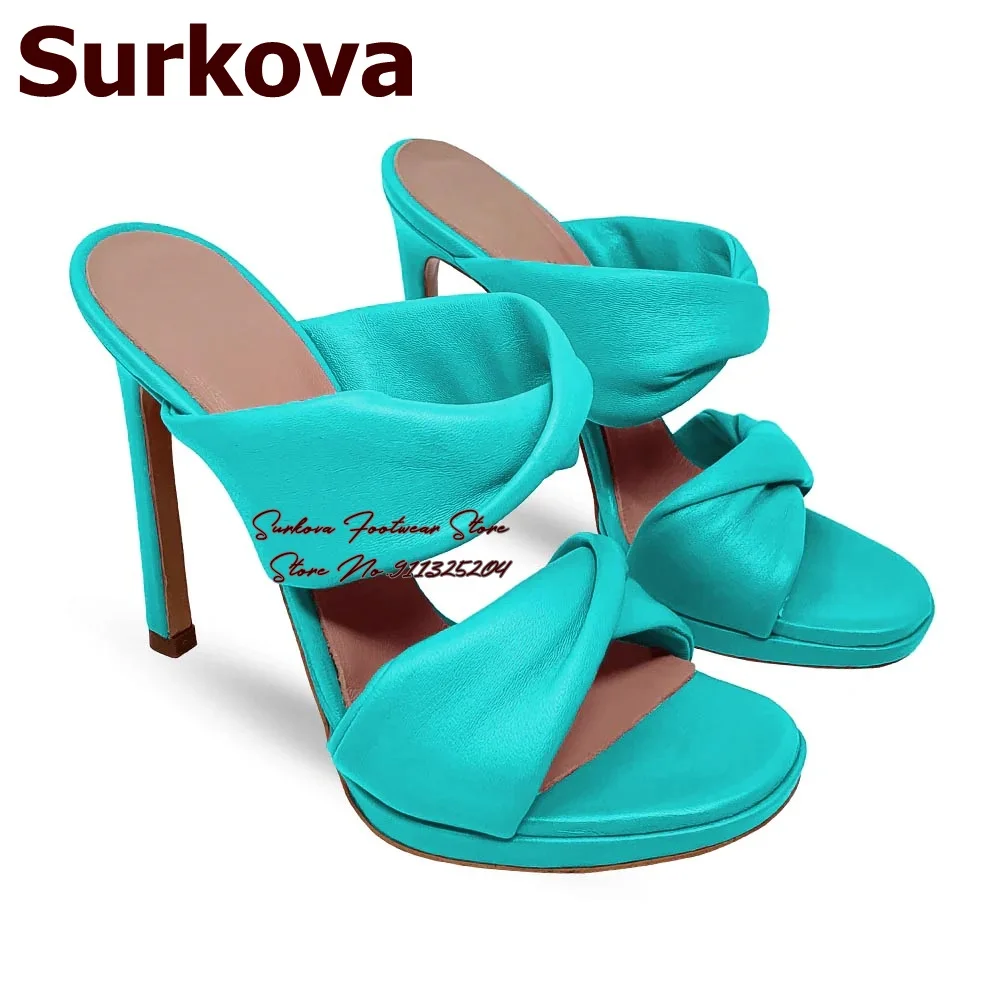 

Surkova Turquoise Pink Double Butterfly-knot High Heel Sandals Women Stilettos Open Toe Bowtie Modern Slippers Banquet Shoes