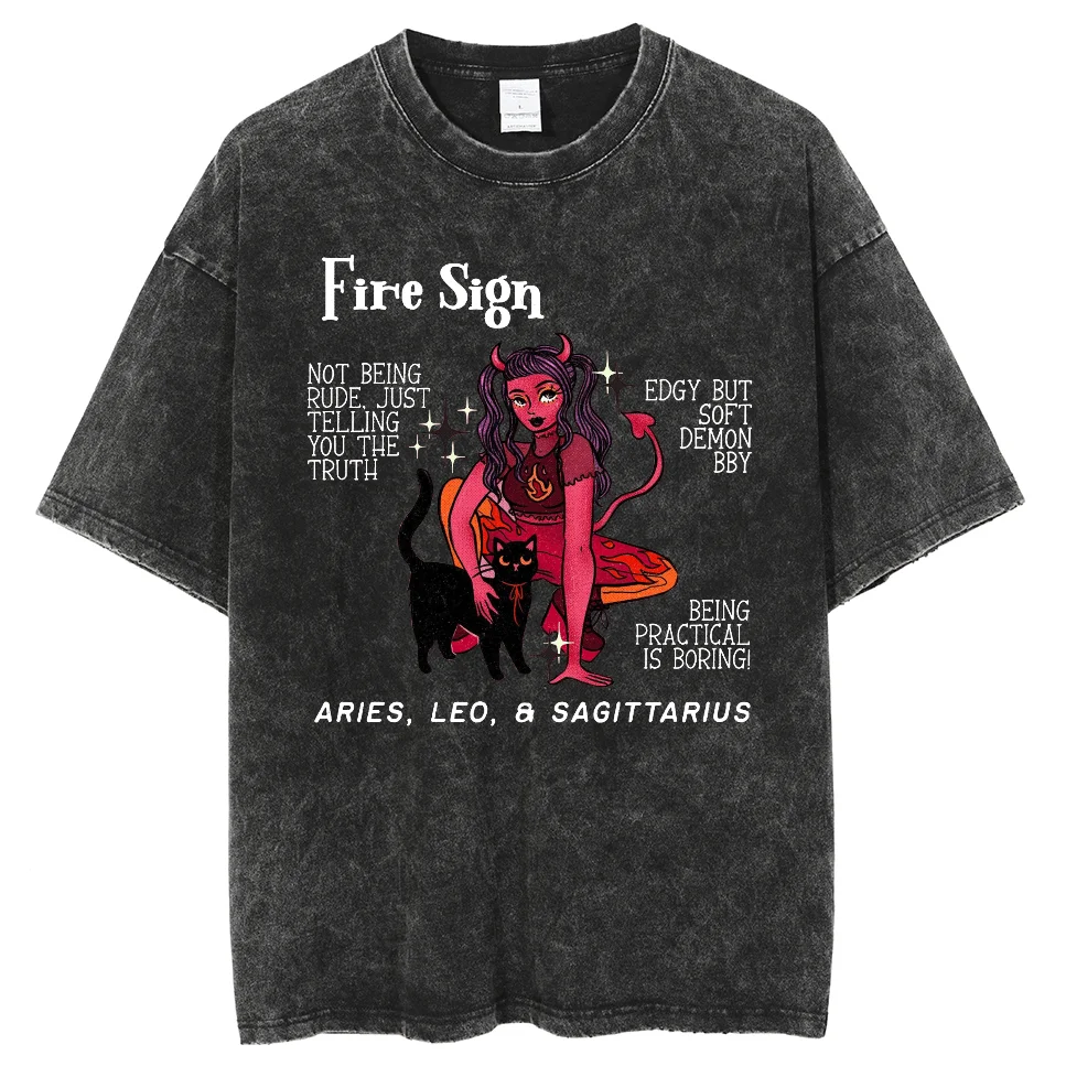 Fire Sign Anime Graphic Tees Womens Vintage Snowflake Washed T Shirts 2024 New Women's Summer Oversized Clothes Cool Top Y2K