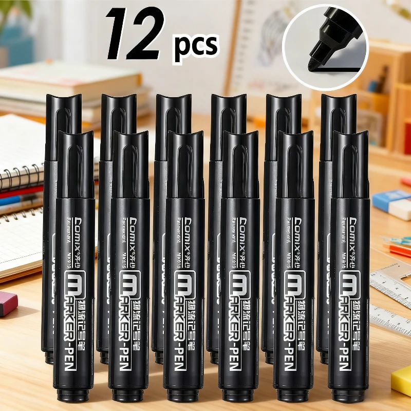 12 قطعة أقلام خطاط (ماركر) سوداء قلم تحديد مقاوم للماء أقلام خطاط (ماركر) اللوجستية قلم تحديد الطلاء القرطاسية لوازم الفن أدوات مكتبية