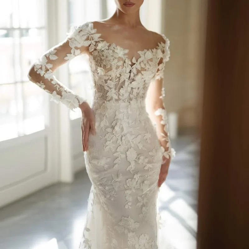

Customized Simple ivory white Spaghetti Appliques Wedding Dresses string of 3D flower Long sleeves Bridal Gowns Made Dress