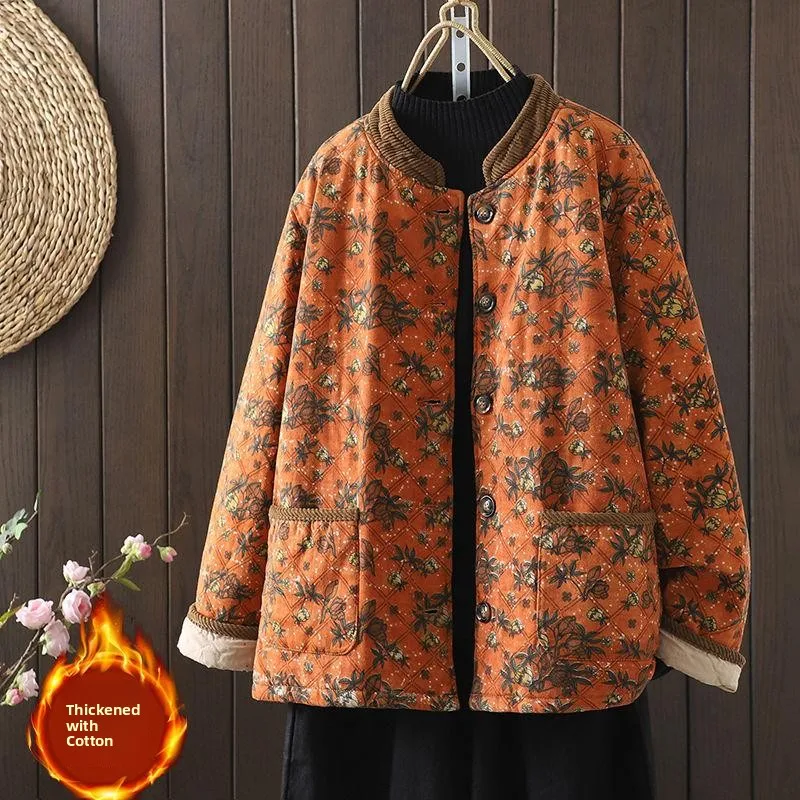 

Повседневная хлопковая куртка для мам для похудения, свободная верхняя одежда с воротником в стиле ретро и цветочным принтом, женская зимняя теплая одежда, новинка Sle
