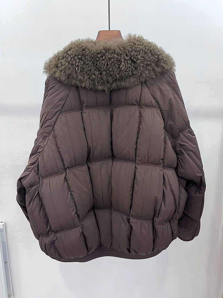 Damskie kurtki puchowe z grubego puchu gęsiego z naturalnym kołnierzem z futra jagnięcego na zimę 2025, ciepłe, ocieplane, odzież wierzchnia.