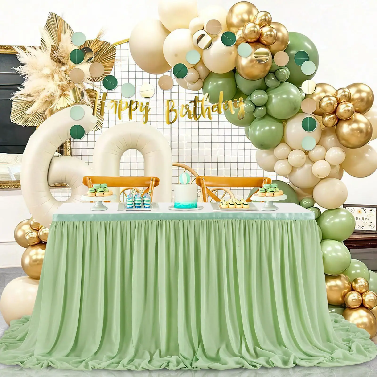 تنورة طاولة شيفون بيضاء لطاولات مستطيلة تنورة طاولة مكشكشة لحفلات الزفاف وحفلات استقبال المولود الجديد وديكور أعياد الميلاد