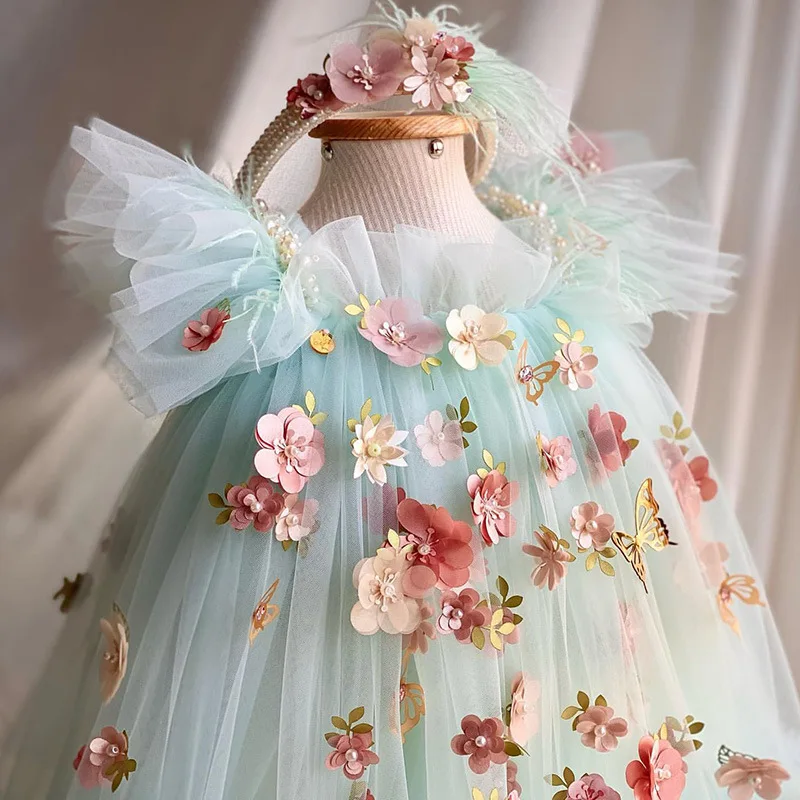 Mesh Flying Sleeves Children's Dress Flower Embroidered Butterfly Children's Fluffy Gauze Lolita Girls' Princess Dress