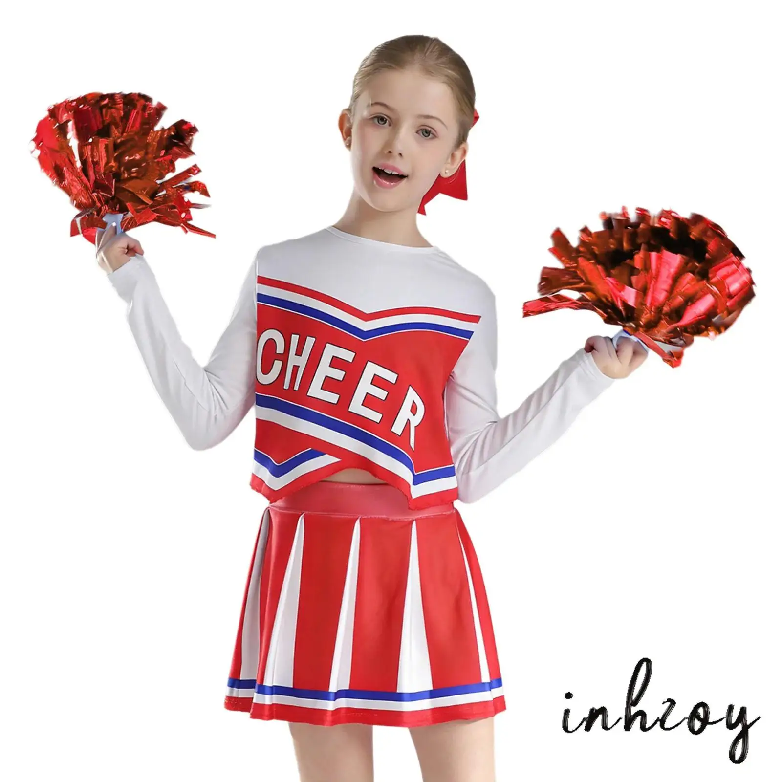 

Girls Cheerleading Outfit Long Sleeve Asymmetrical Hem Letter Print Top-Skirt+2pcs Pom-pom Set School Cheerleader Dance clothing
