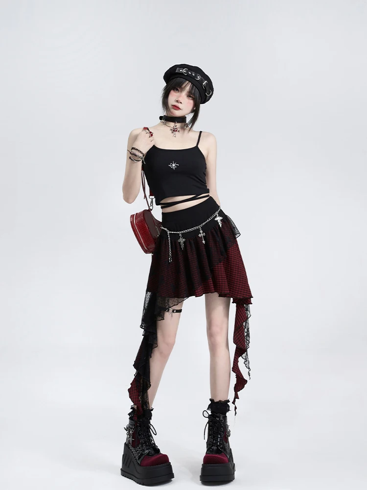 Ruibbit Gothic Punk Rock Irregular Kawaii Plaid Skirt Harajuku Y2k Girls Streetwear High Waist Asymmetric Lace Short Skirt