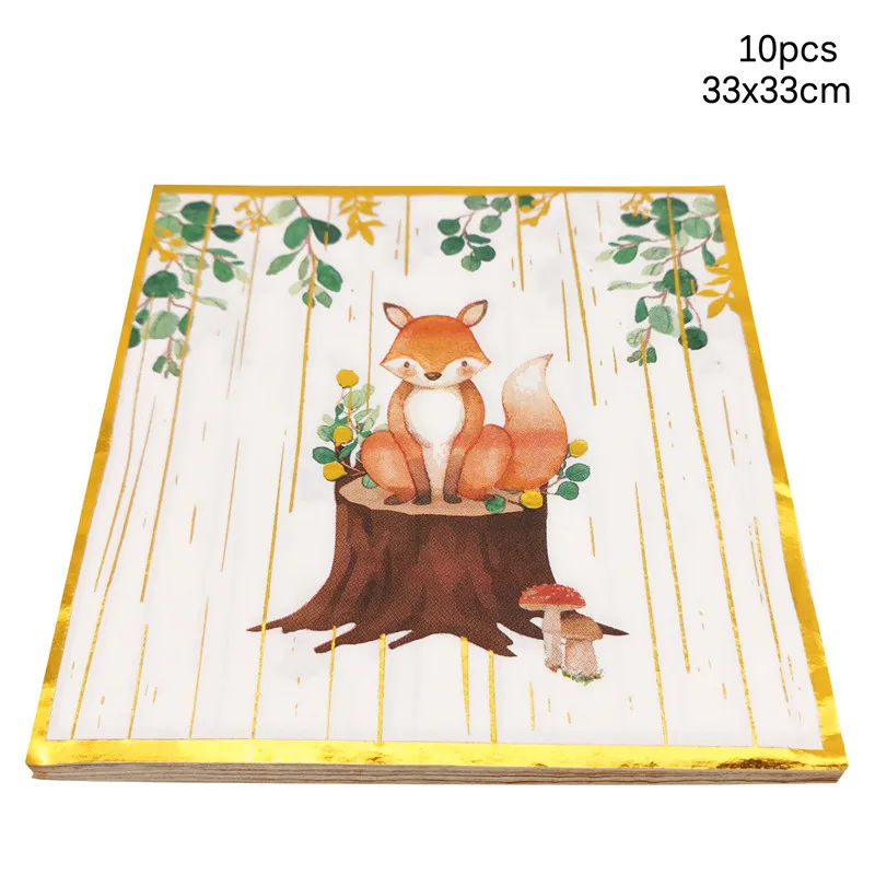 10Pcs Woodland Animal Fox Napkins Kids Happy Birthday Party Baby Shower Forest Theme Paper Tissues Jungle Safari Party Supplies