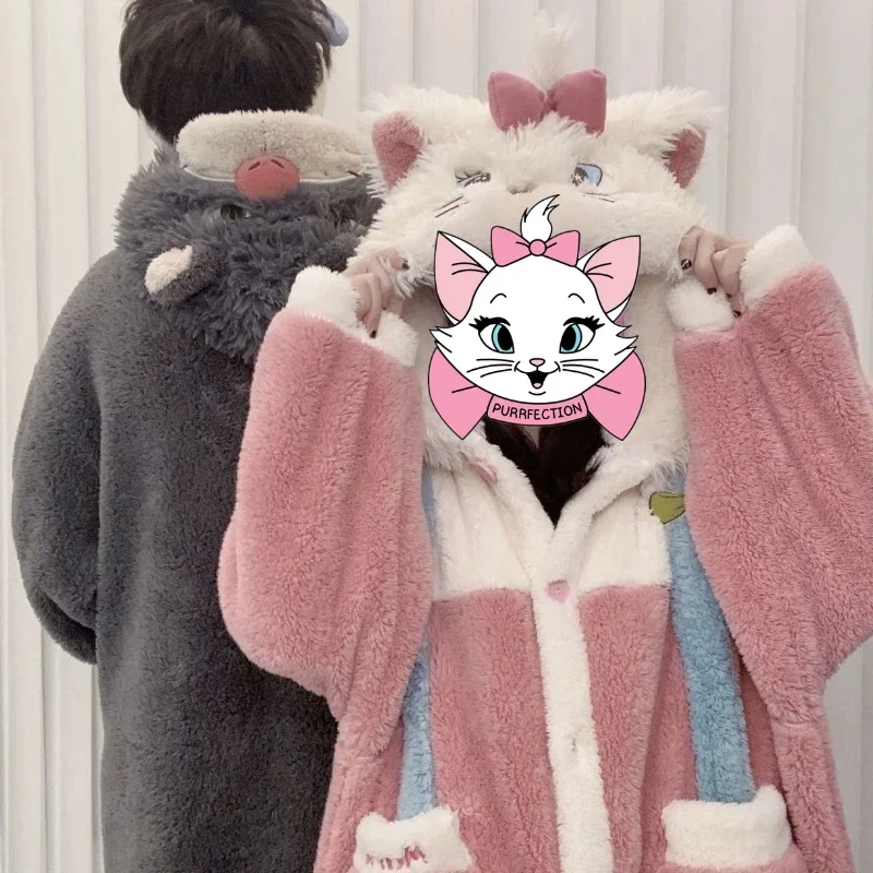 Disney Marie Cat Lucifer Cat Plushes Pajamas Robes for Women Winter Warm Home Hooded Thicken Sleepwear Kawaii Couple Bath Robe