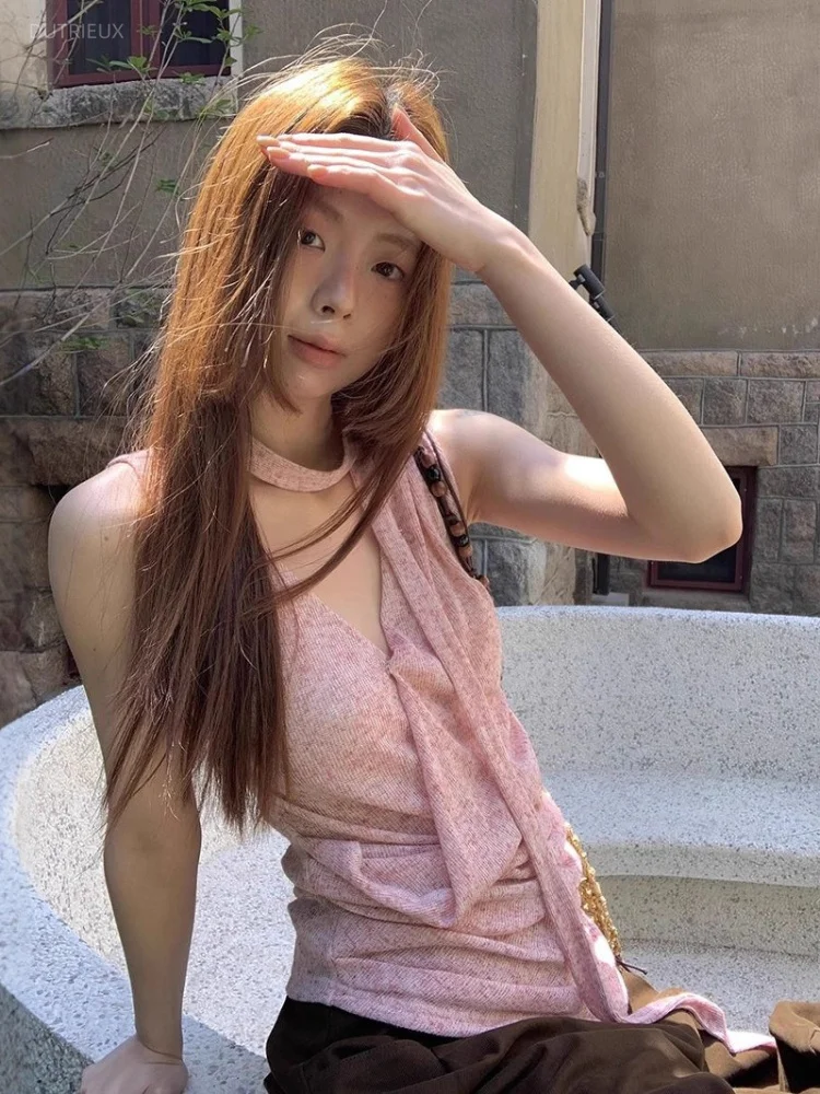 Y2k Aesthetics Irregular Grunge Tank Top Women Harajuku Slim Fit Pleated Vest 2026 Summer Streetwear ​Vintage Solid Camisole
