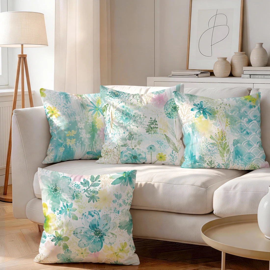 Fresh Blue Green Watercolor Flowers Cushions Pillowcase Polyester Cushion Cover Throw Pillow Pillowcover Home Car Sofa Decor