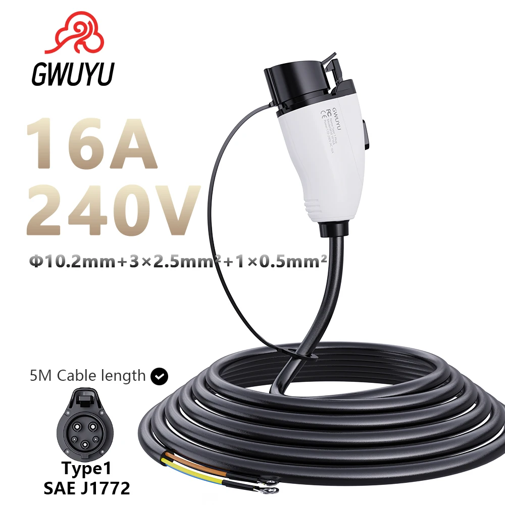 GWUYU M10 EV Extension Charging Cable 5m SAE J1772 Type 1 Plug 240V 16A 32A 3.5KW 7KW for Electric Vehicle Charger Station