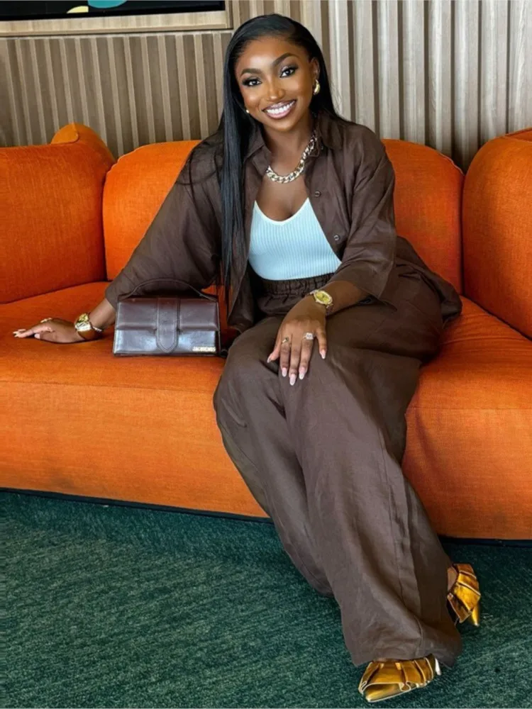 Pants Set For Women Spring Summer Loose Shirt Tops High Waist Wide Leg Trousers 2 Piece Sets Casual Office Ladies Trousers Suit