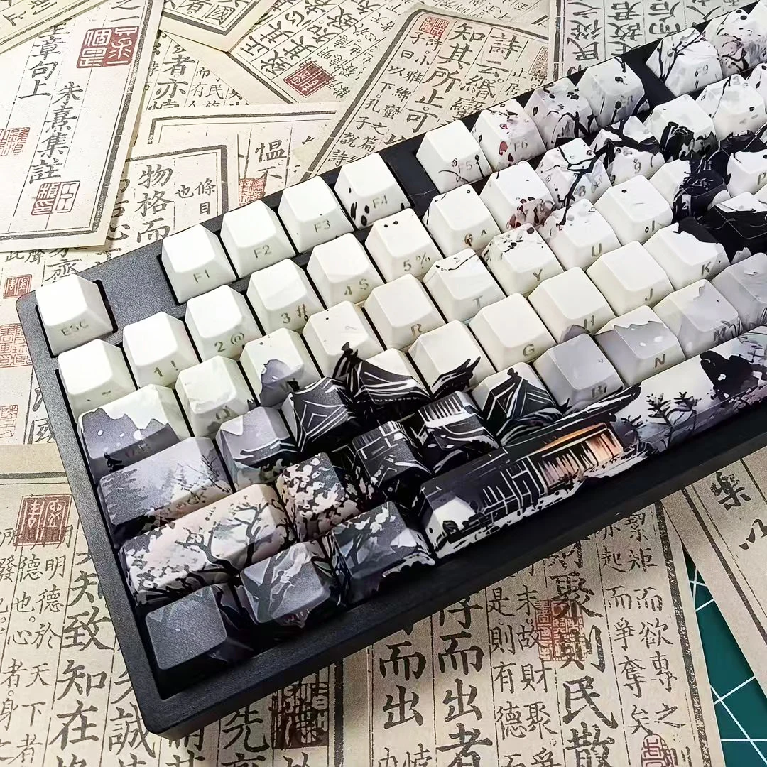 129 Keys Moon Night Side Printed Shine Through Keycaps 5 Sides Dye Sub PBT Keycap Set Cherry Profile for MX Switches Keyboard