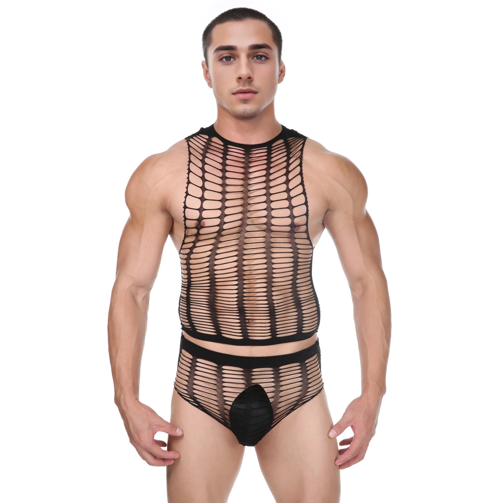 CLEVER-MENMODE Fetish Lingerie Men Sexy Brazilian Briefs Singlet Mesh Underwear Set Fishnet Crops Tops Erotic Hollow Nightwear