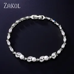 ZAKOL New Classic Leaf Zircon Imitation Pearl Charm Bracelets for Women Wedding Bride Bracelet Female Stylish Jewelry