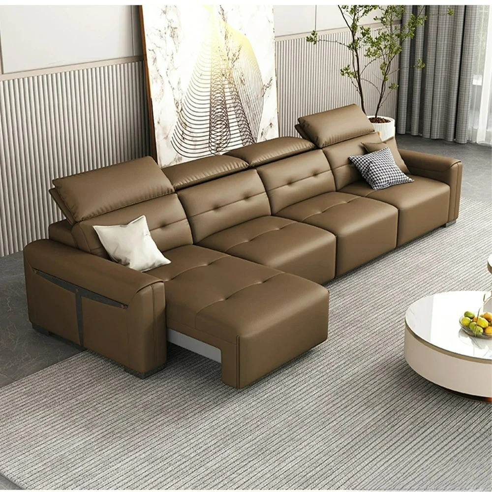 Customizable Genuine Leather Electric Convertible Sofa Bed with Adjustable Headrest