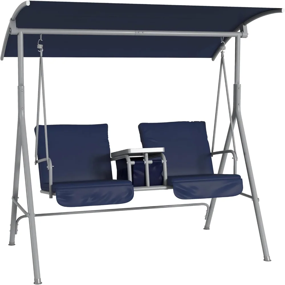 

2 Person Porch Swing with Stand, Outdoor Swing with Canopy, Pivot Storage Table, 2 Cup Holders, Cushions for Patio, Backyard