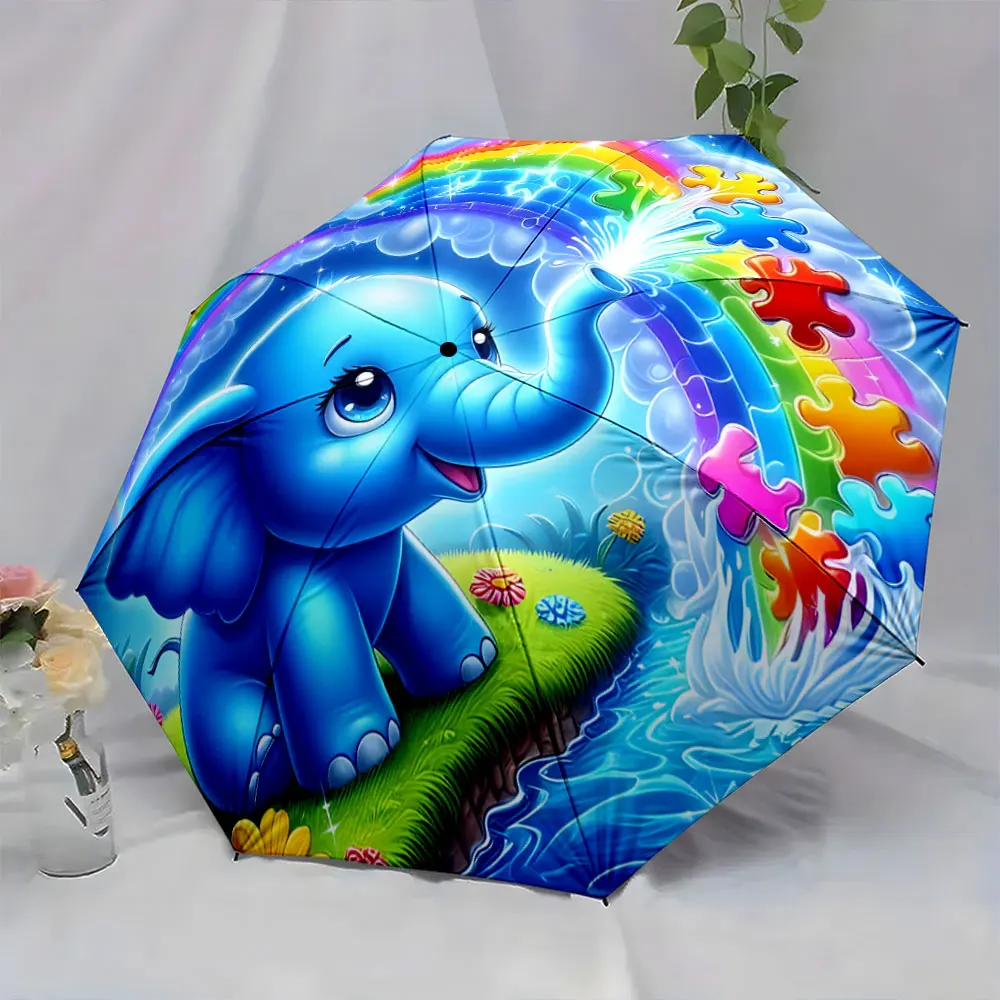 1PC Colorful Elephant Umbrella with Rainbow Design Print 8 Iron Ribs Folding Umbrella Auto-Open Fashion Sunshade