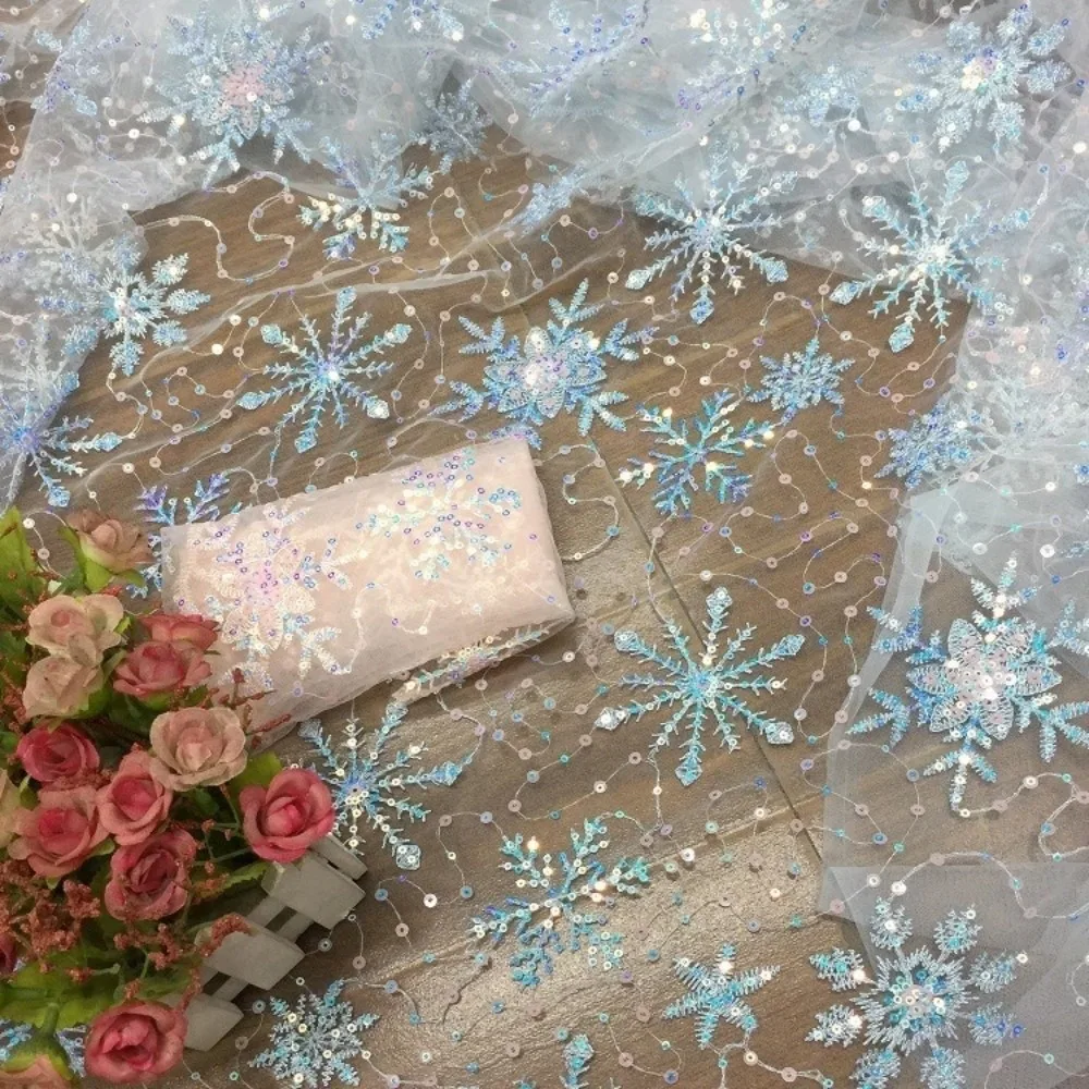 New 1 Yard Tulle Fabric Sequin Snowflake Mesh Lace Fabric Embroidered Clothing Material For Sewing Skirt Dress