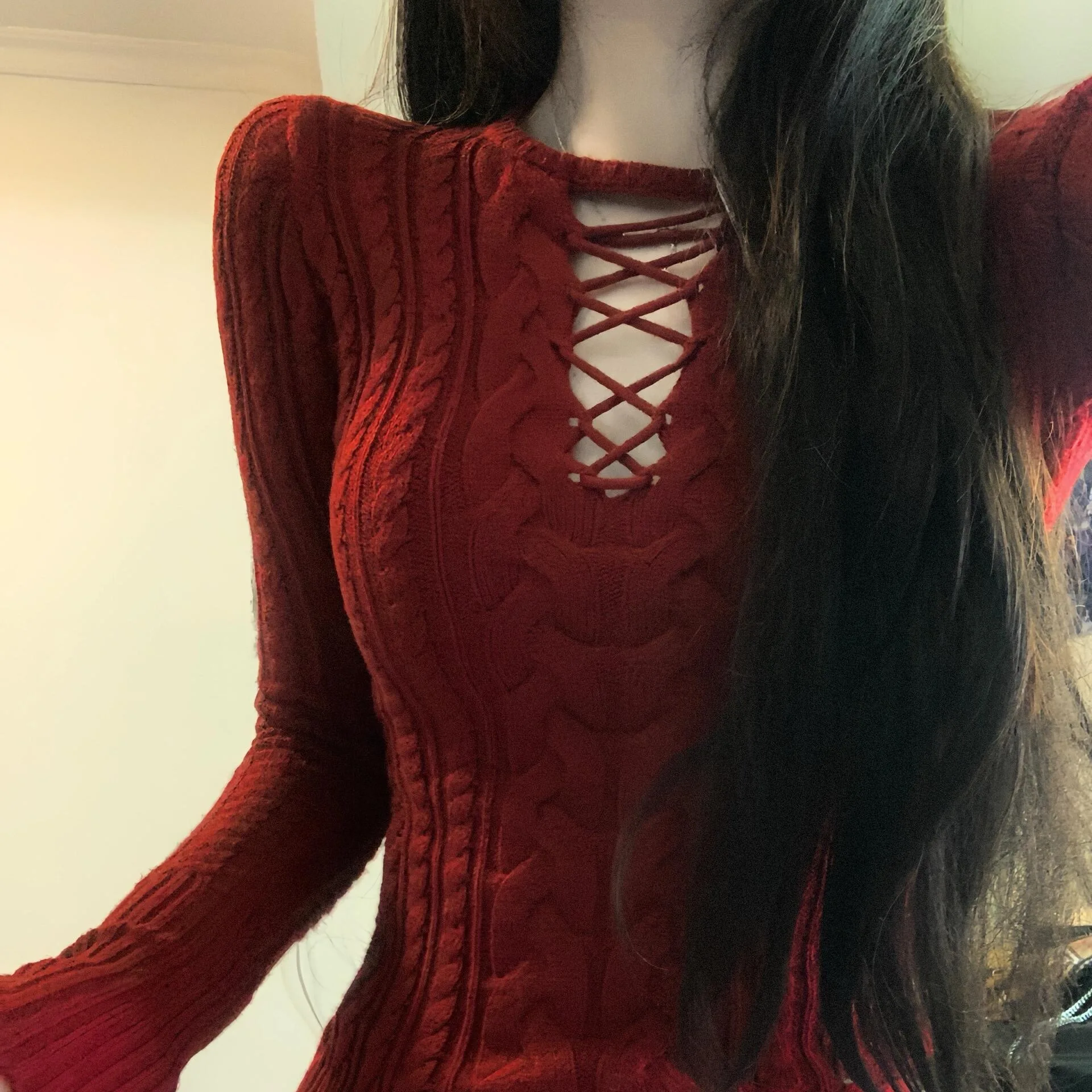 

Retro American Red Sweater Women's Autumn Winter New Sweet And Spicy Girl Design Slim Fit Inner Wear Base irt Overhead irt