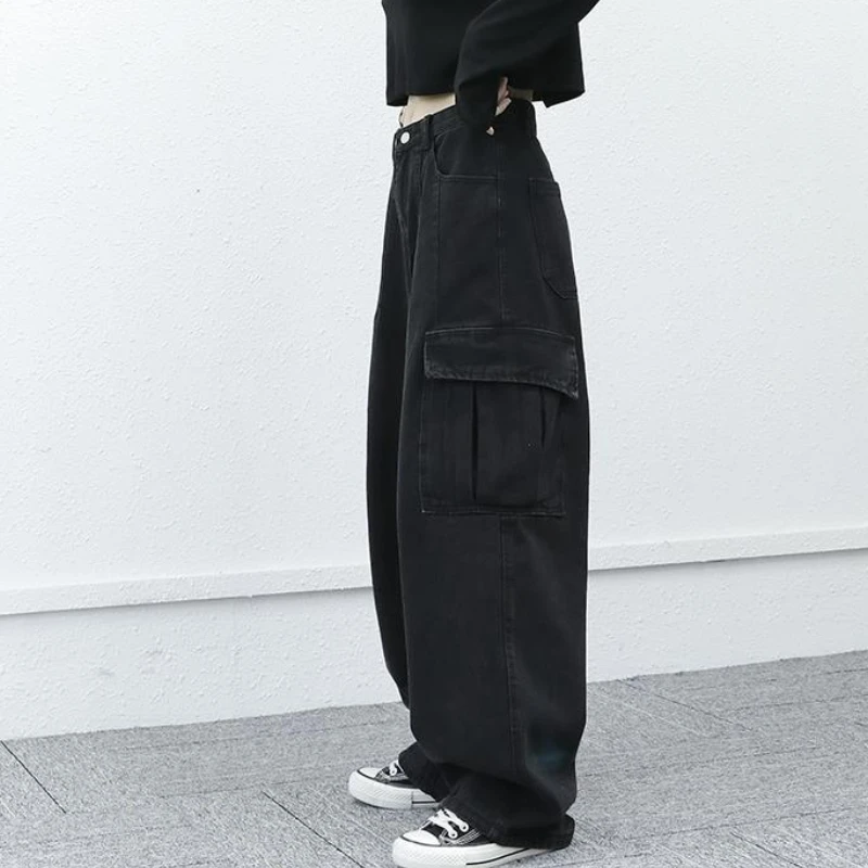 Basic Jeans Women Japanese Style Baggy Cargo Trousers Autumn Big Pockets Vintage Minimalist Neutral Streetwear Students Casual