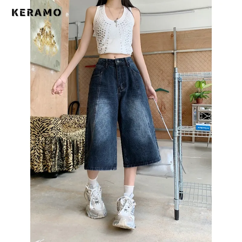 

Y2K Washed Vintage Punk Shorts Street Style Harajuku High Waist Baggy Jean Women Casual Loose Fit Calf Length Denim Shorts