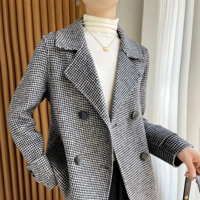 2023 New Thousand Bird Plaid Coat Double Sided Woolen Overcoat Female Blazer Hepburn Wind Short Woolen Suit Collar Wool Jacket