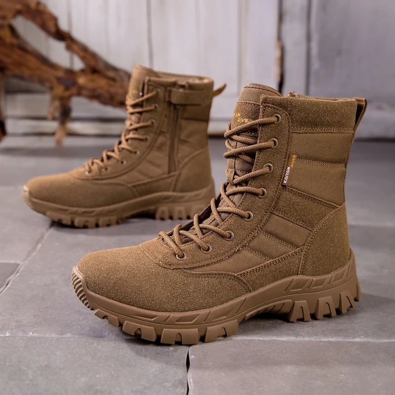 Men  Side Zipper Tactical Combat Boots Suede Fabric Anti Slip Lug Sole Wear Resistant Outdoor Hiking Military Ankle Work Boots
