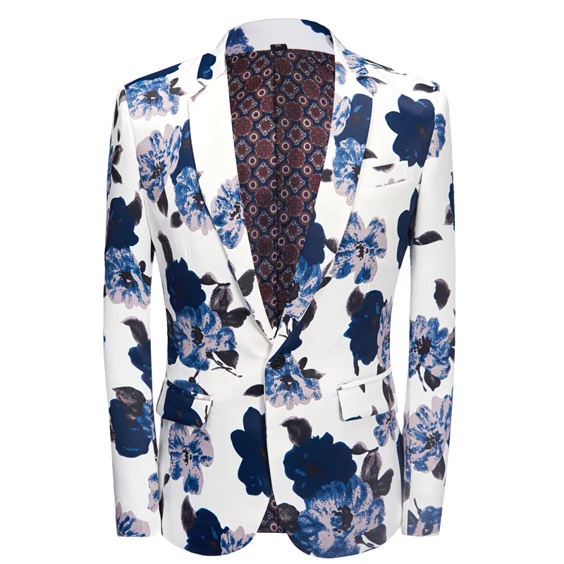 Fashion Men‘s Casual Blue  and White Flower Printing Suit / Male Slim Stage Party Host Singer 2 Pcs Blazers Sets Jacket Pants