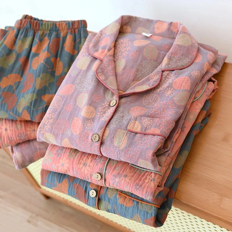 2026 Neue Frühlings- und Sommer-Damen-Pyjama-Sets, Langarm-Hosenanzug, Zweiteilig, 100% Baumwolle, Krepp, Blumen- und Blättermuster, Hauskleidung – Detail 2