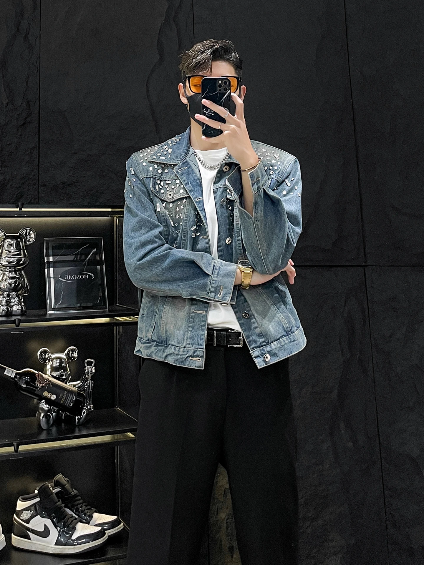 

Джинсовая куртка ручной работы с бриллиантами Embellied для мужчин, винтажная верхняя одежда в стиле ретро с откидным воротником, повседневная весна-осень