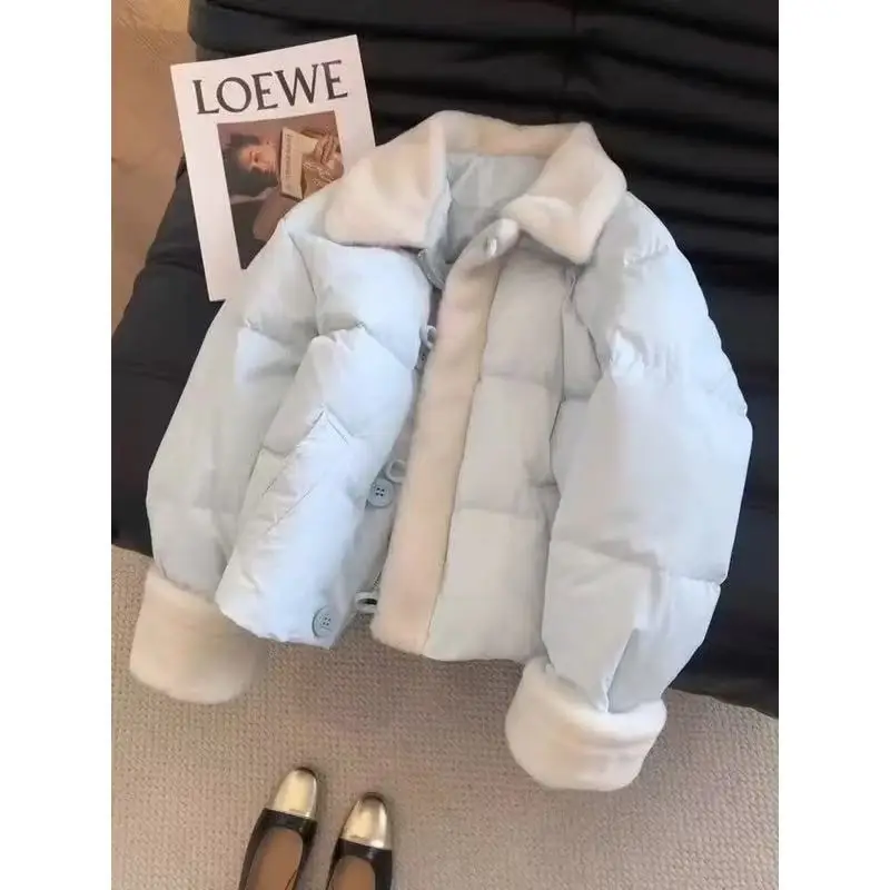 Short Women Parkas Coat Shearling Jacket Solid Pocket Turn Down Collar Single Breasted Loose Fit Thick Casual 2025 Autumn Winter