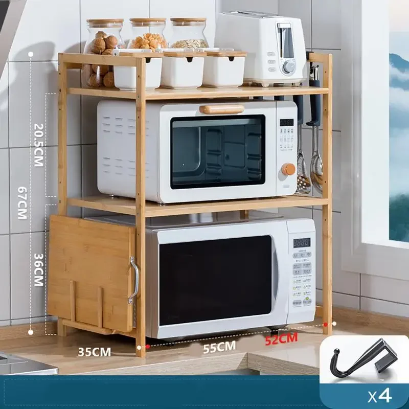 2/3 Layer Kitchen Shelves Rack Household Microwave Oven Rack Bamboo Storage Organizer Home Storage Holders Racks with 4 Hooks