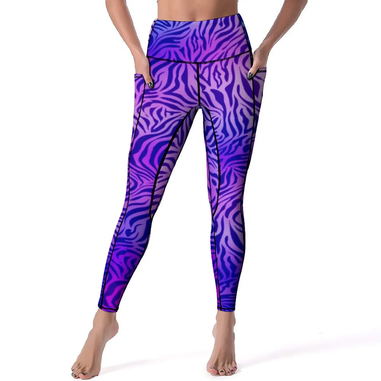 

Blue Purple Zebra Leggings Sexy Animal Print Gym Yoga Pants Push Up Stretch Sport Legging Pockets Elegant Design Leggins