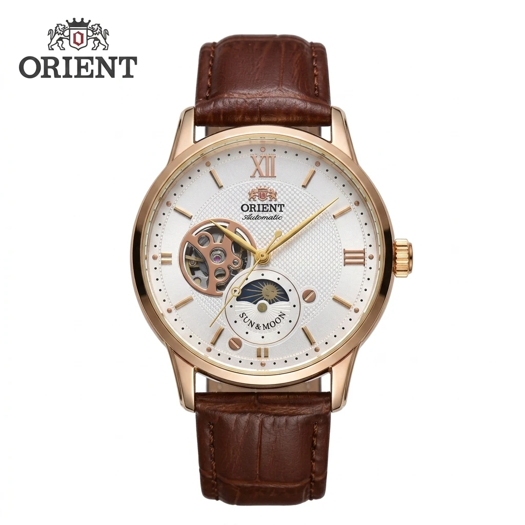 Orient Men Self-Winding Dress Watch, Hollow Skeleton Dial Sun Moon Phase Roman Numerals Leather Strap Waterproof Wristwatch