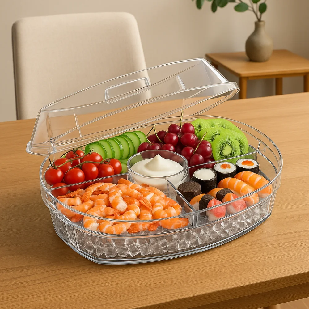

Plastic Chilled Fruit Tray 5 Compartments Transparent Chilled Food Bowl Large Capacity with Lid Appetizer Tray Party
