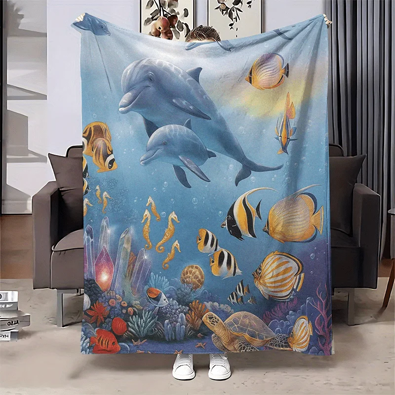 Underwater World Marine Animal Fleece Blanket, Dolphin Fish Coral Reef Pattern Cozy Cover Camping Office Living Room Daily Use