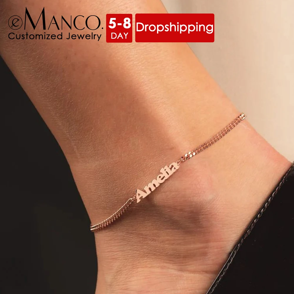 eManco Customized Name Anklet Personalized Cuban Chain Monogram Jewelry Ladies Stainless Steel Pendant Gift