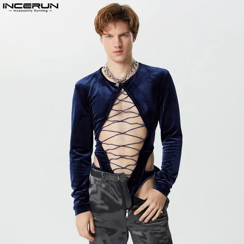 

INCERUN 2024 Sexy Style Men Loungewear Jumpsuits Fashion Suede Cross Hollow Rompers Casual Long Sleeved Triangle Bodysuits S-3XL