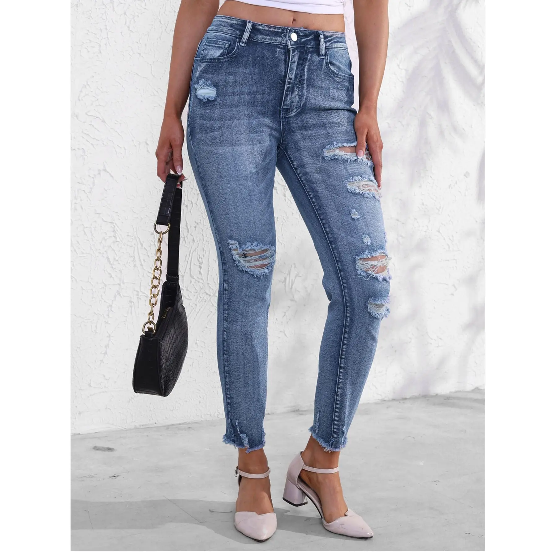 Spring and Autumn Women's Jeans with Broken Hole Design, Hairy Edge, Casual Elasticity, Fashion, Versatile, Blue Denim Pants