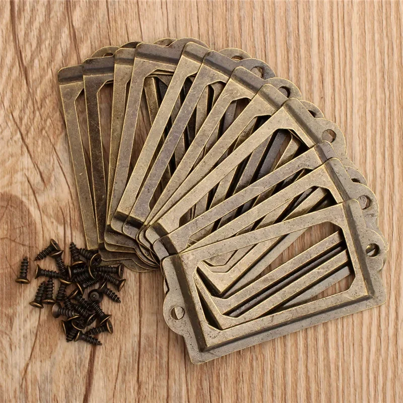 12Pcs Antique Brass Metal Label Tag Handmade DIY Handle File Name Card Holder Pull Frame For Furniture Cabinet Drawer Box Case