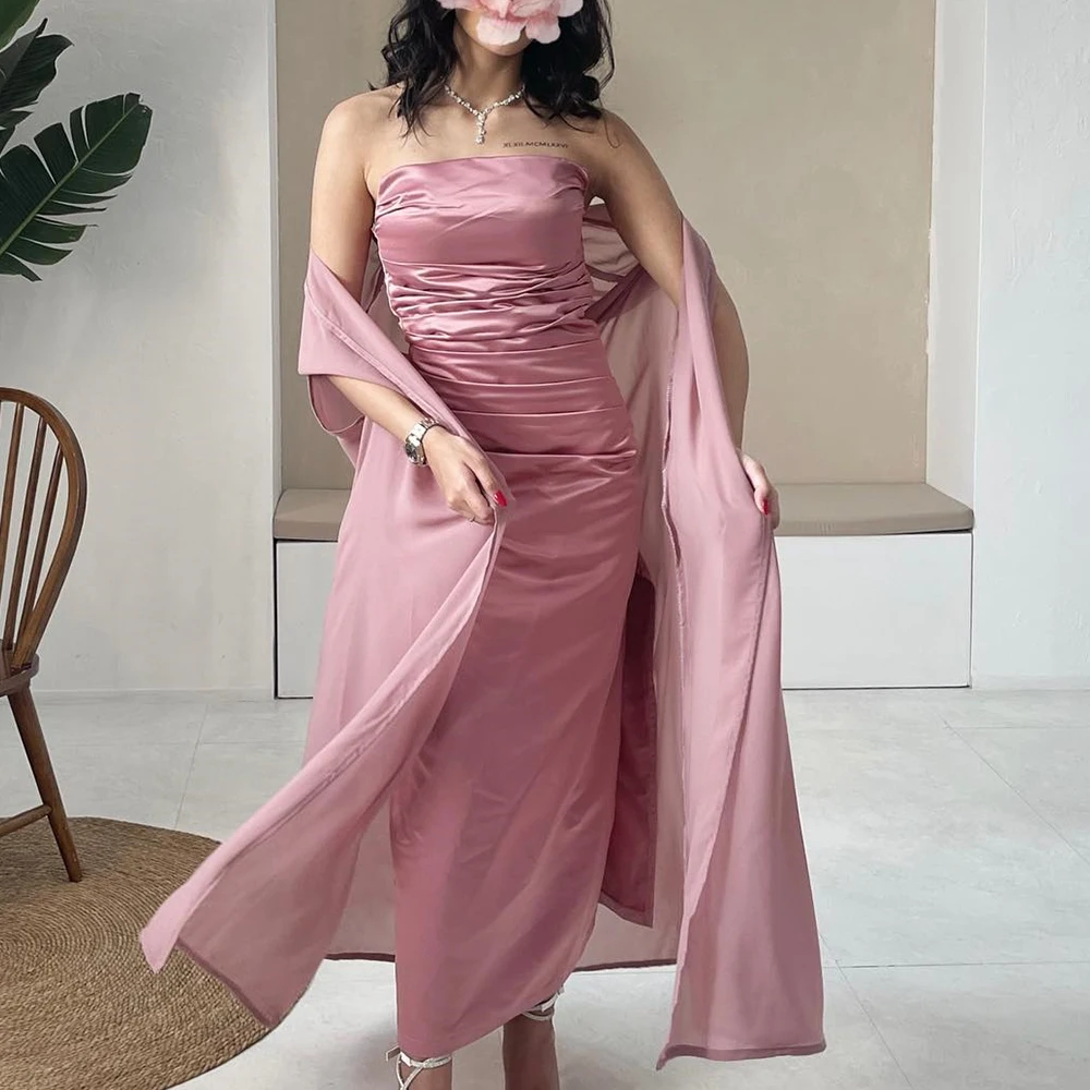 

High Quality Straight Ankle Length Strapless Satin Sleeveless Pleats Evening Dress Fashion Photo Color vestidos de fiesta