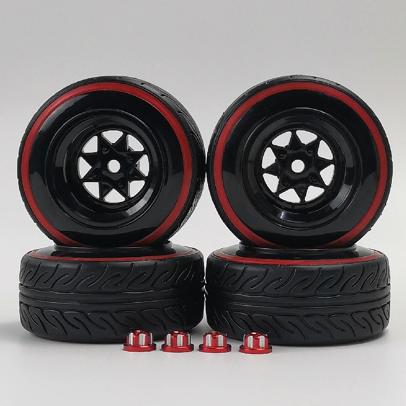 4pcs 9mm Offset 1/10 Scale Plastic Wheels Rims with Hard Plastic Tire with Red Insert RC Car Drift On road Touring Model Hobby